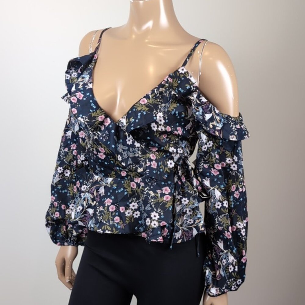 NEW Design Lab Floral Cold Shoulder Wrap Top Long Sleeve Ruffle Lord & Taylor - Picture 5 of 14
